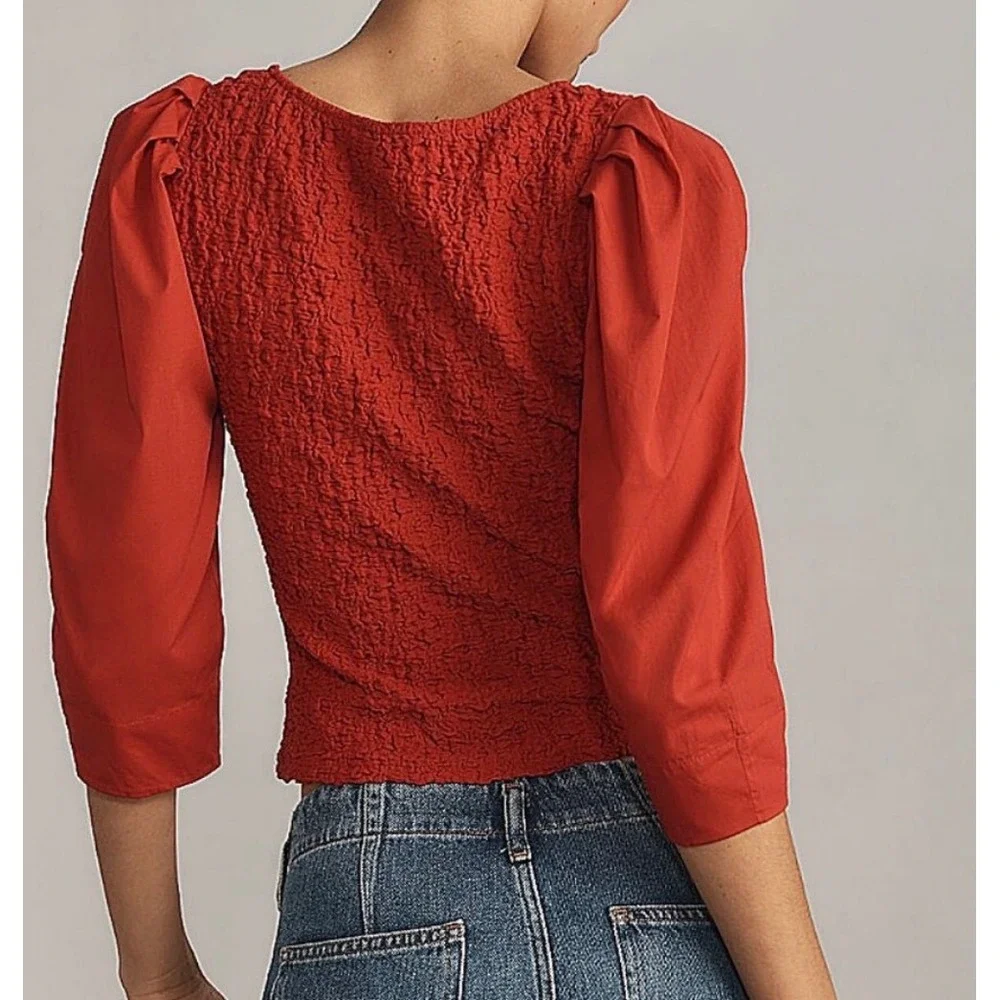 Anthropologie Red Textured Smocked Puff Sleeve Button Front Crop Top | Large